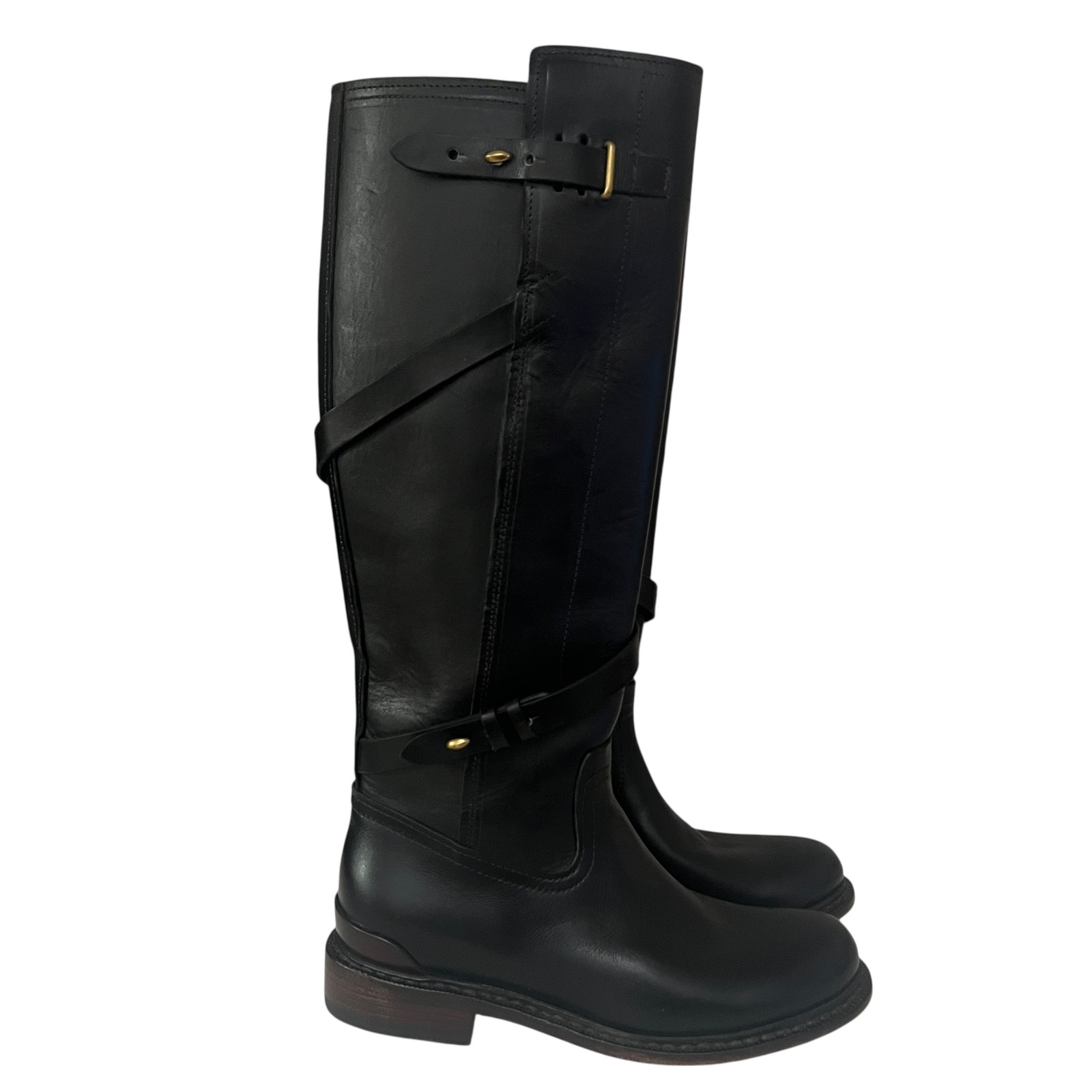 Rag & Bone Reed Black Leather Tall Riding Moto Zip Up Side Boots Size 37